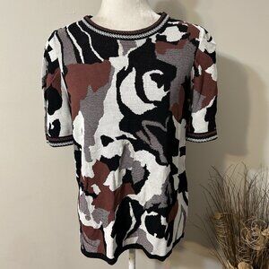 Chico's Women Sweater Top Jacquard Short Sleeve Stretch Knit Multicolor Sz 1 / M